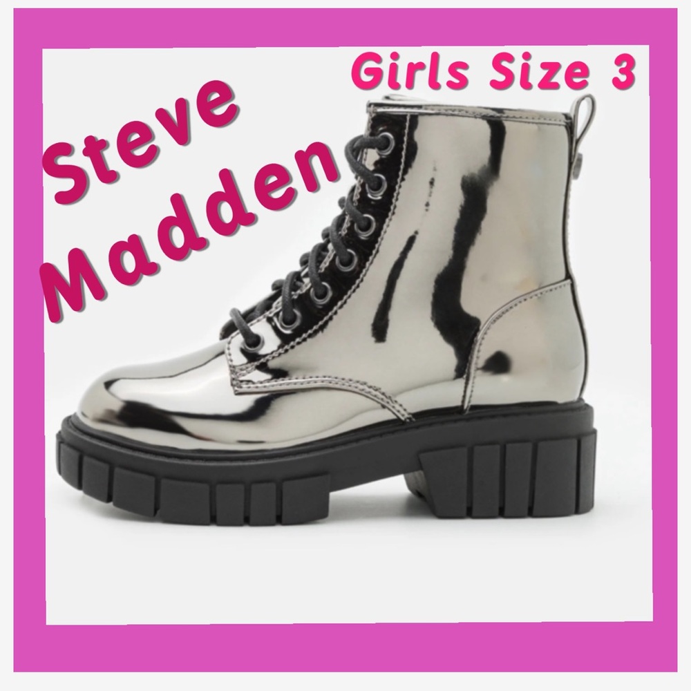 Girls Size 3 Steve Madden Pewter Boot Lace Up Zipper Sturdy and Inner Foam - Picture 5 of 14